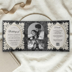 Invitation Trois Volets Mariage Broderie Dentelle Ivoire Noir Argenté Vint