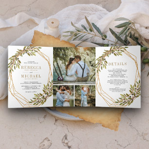 Invitation Trois Volets Mariage Cadre Doré Branche d'Olivier Botanique Rus