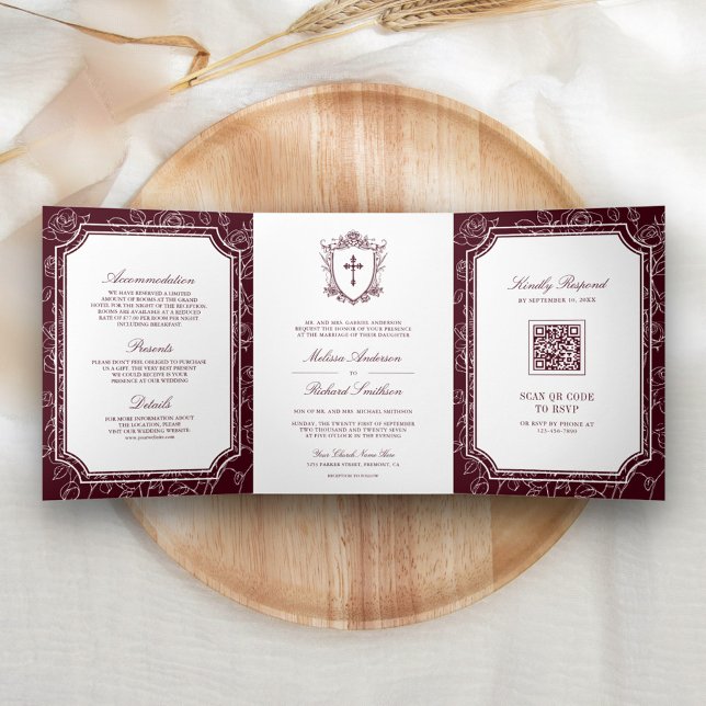 Invitation Trois Volets Mariage catholique avec code QR de style victorien (Créateur téléchargé)