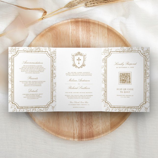 Invitation Trois Volets Mariage Catholique avec Code QR de style Victorien (Créateur téléchargé)
