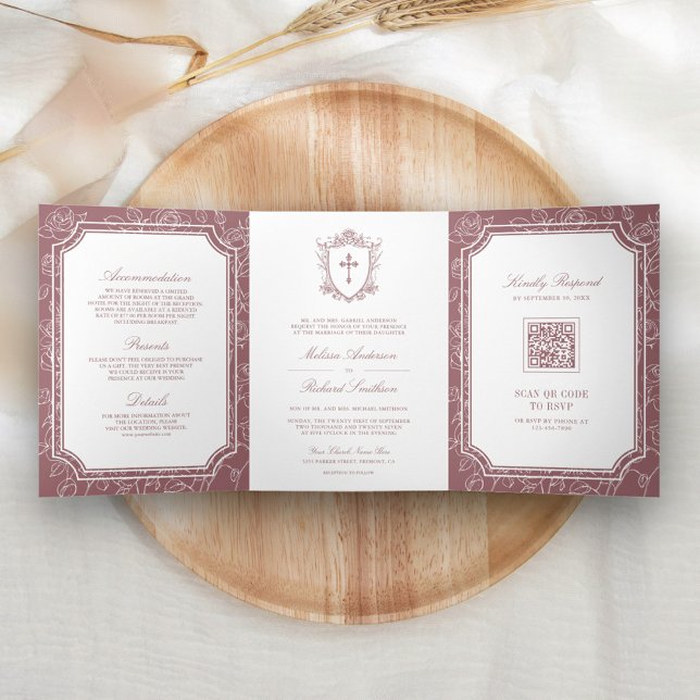 Invitation Trois Volets Mariage Catholique Code QR Rose Poussiéreuse Victo (Créateur téléchargé)