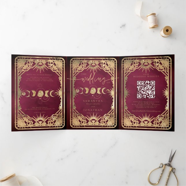Invitation Trois Volets Mariage céleste de tarot bordeaux et or faux (Intérieur)