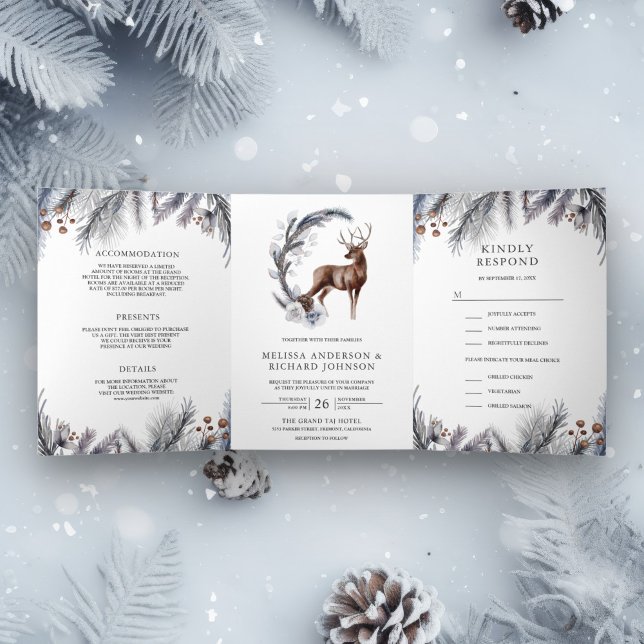 Invitation Trois Volets Mariage Cerf Forêt Feuilles de Pin Givrées Rustiqu (Créateur téléchargé)