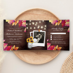 Invitation Trois Volets Mariage Champêtre Bois Automne Feuilles En Une Seu