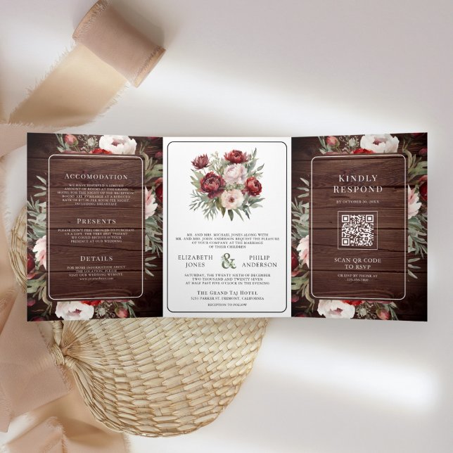 Invitation Trois Volets Mariage Champêtre Bois Rustique Fleurs Rose Teinté (Créateur téléchargé)