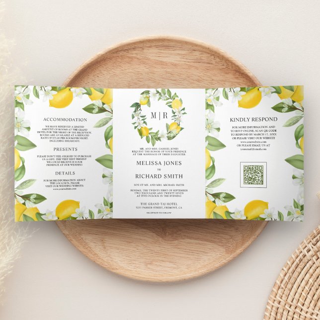 Invitation Trois Volets Mariage Citron Verger Citrus Rustique Code QR (Créateur téléchargé)