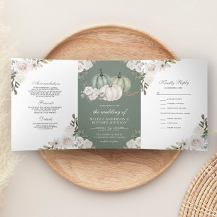 Invitation Trois Volets Mariage Citrouille Vert Sauge et Fleurs Blanches