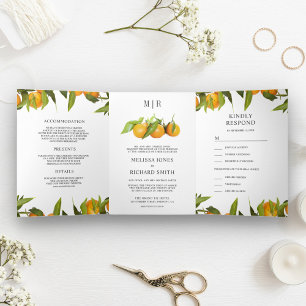 Invitation Trois Volets Mariage Citrus Orange Mandarine Verger Tout en Un