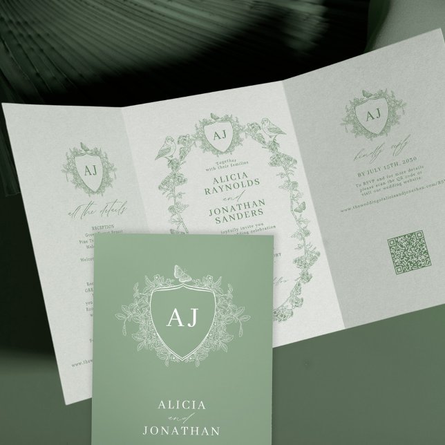 Invitation Trois Volets Mariage classique à code QR floral français vert s (Créateur téléchargé)