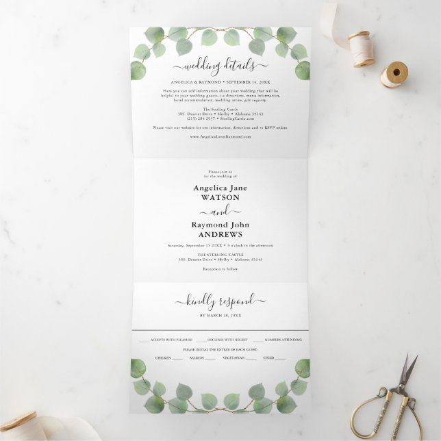 Invitation Trois Volets Mariage Classique Aquarelle Eucalyptus & Or (Intérieur)
