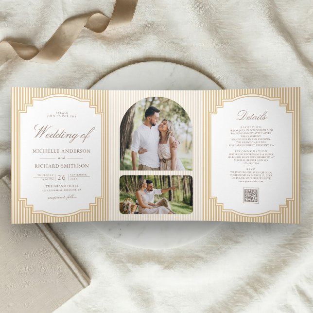 Invitation Trois Volets Mariage classique avec code QR photo rayé beige (Créateur téléchargé)