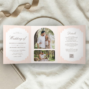 Invitation Trois Volets Mariage Classique avec Code QR Photo Rayé Pastel