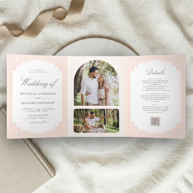Invitation Trois Volets Mariage Classique avec Code QR Photo Rayé Pastel (Créateur téléchargé)