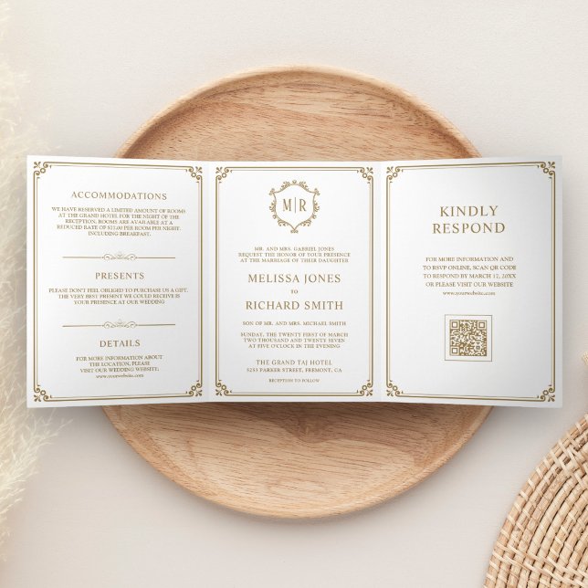Invitation Trois Volets Mariage Classique Code QR Monogramme Blanc et Or (Créateur téléchargé)