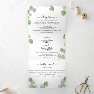 Invitation Trois Volets Mariage classique Eucalyptus Green & Gold