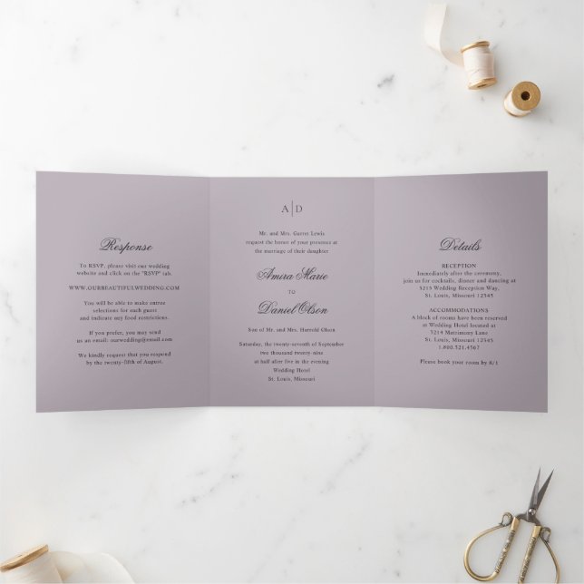 Invitation Trois Volets Mariage Classique Lilas Clair (Intérieur)