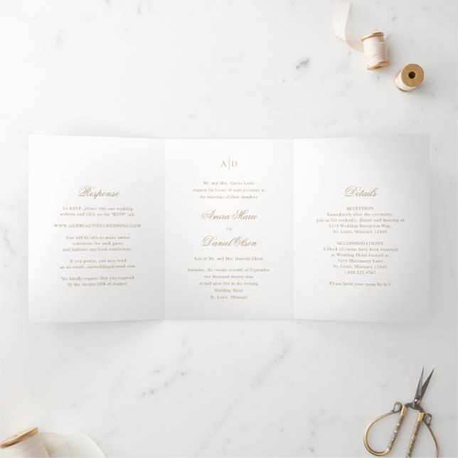 Invitation Trois Volets Mariage Classique Or Propre (Intérieur)