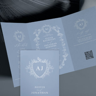 Invitation Trois Volets Mariage classique poussiéreux bleu code QR floral