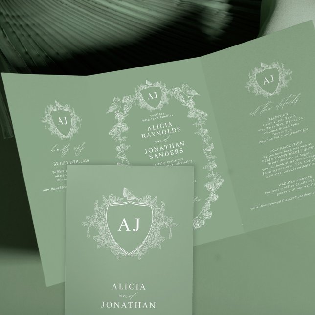 Invitation Trois Volets Mariage classique vert sauge floral français code  (Créateur téléchargé)