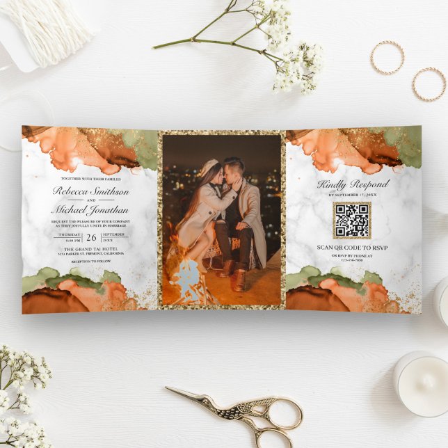Invitation Trois Volets Mariage Code QR à l'encre abstraite en terre cuite (Créateur téléchargé)