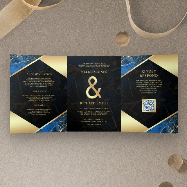 Invitation Trois Volets Mariage Code QR Ampersand Marbre Or Bleu Royal (Créateur téléchargé)