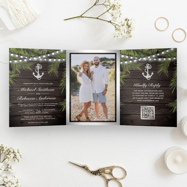 Invitation Trois Volets Mariage Code QR Ancre Argent Palmier Tropical Bois (Créateur téléchargé)