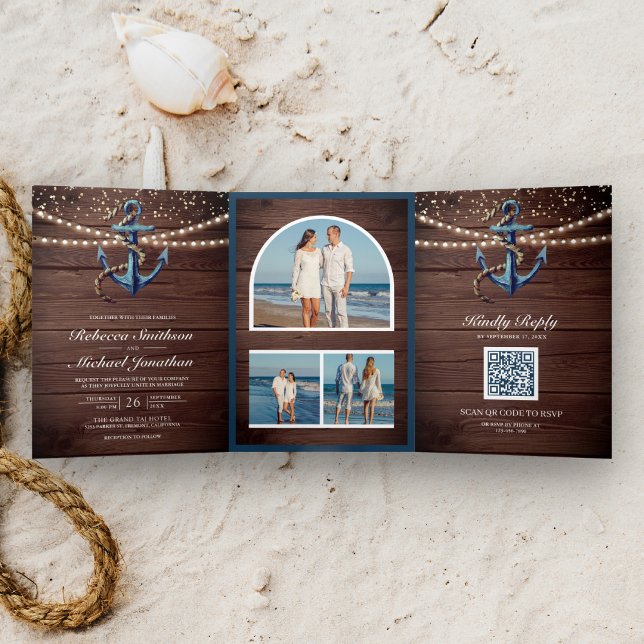 Invitation Trois Volets Mariage Code QR Ancre Bleu Marine Bois Rustique (Créateur téléchargé)