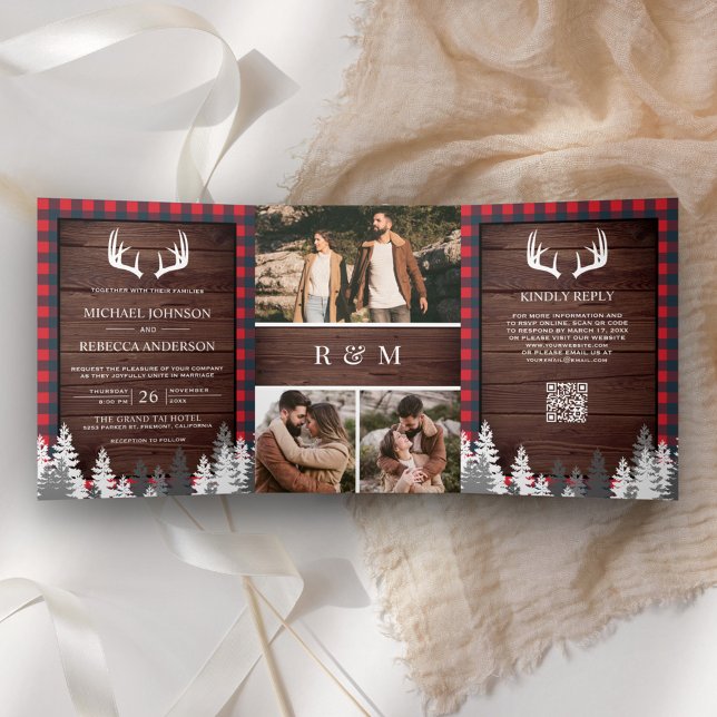 Invitation Trois Volets Mariage Code QR Antler Plaid Rouge Bois de Grange (Créateur téléchargé)