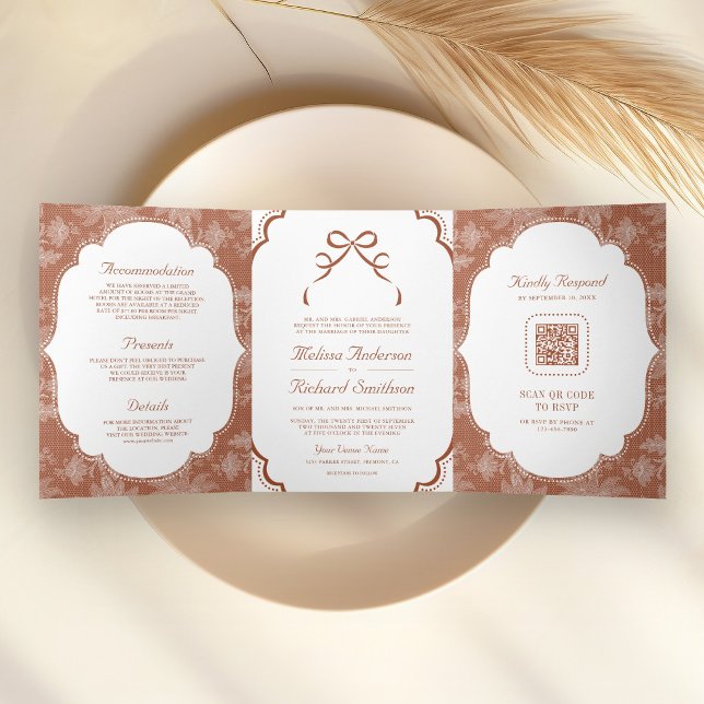 Invitation Trois Volets Mariage Code QR Arc Coquette Blanc Terracotta (Créateur téléchargé)