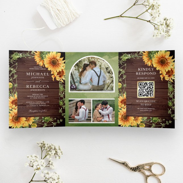 Invitation Trois Volets Mariage Code QR Arch Photo Tournesols Bois Rustiqu (Créateur téléchargé)