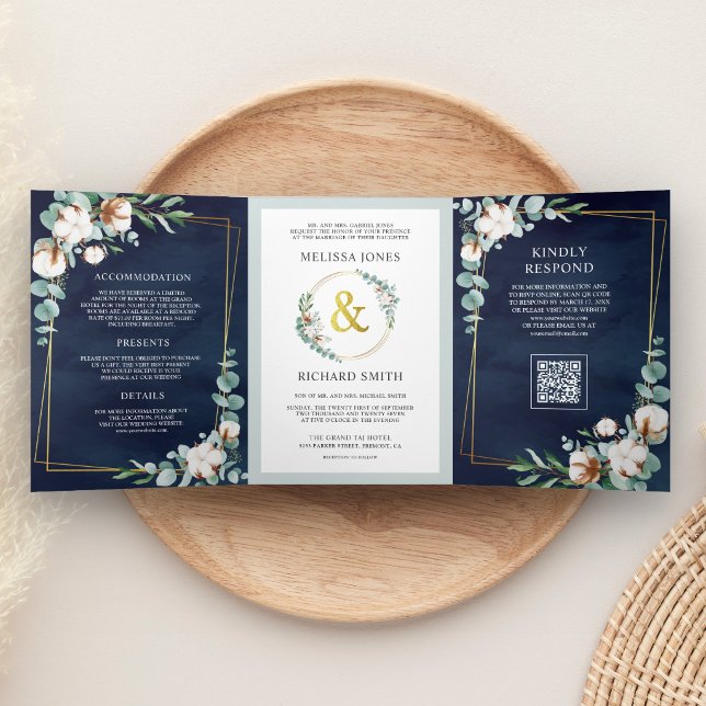 Invitation Trois Volets Mariage Code QR Bleu Nuit Eucalyptus Coton (Créateur téléchargé)