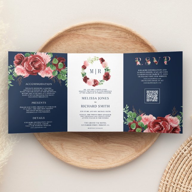 Invitation Trois Volets Mariage Code QR Bleu Nuit Floral Bourgogne Rose (Créateur téléchargé)