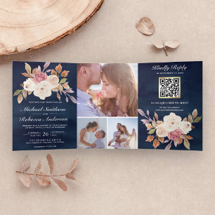 Invitation Trois Volets Mariage Code QR Bleu Nuit Floral Ivoire Rose Pouss