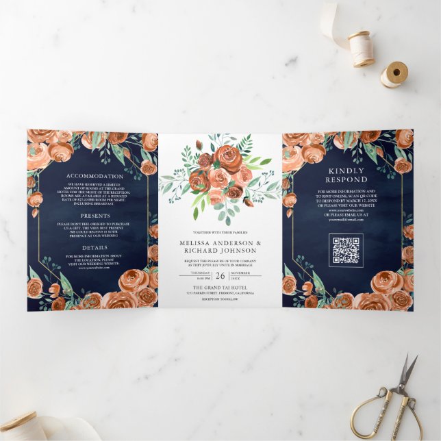 Invitation Trois Volets Mariage Code QR Bleu Nuit Floral Orange Brûlé (Intérieur)