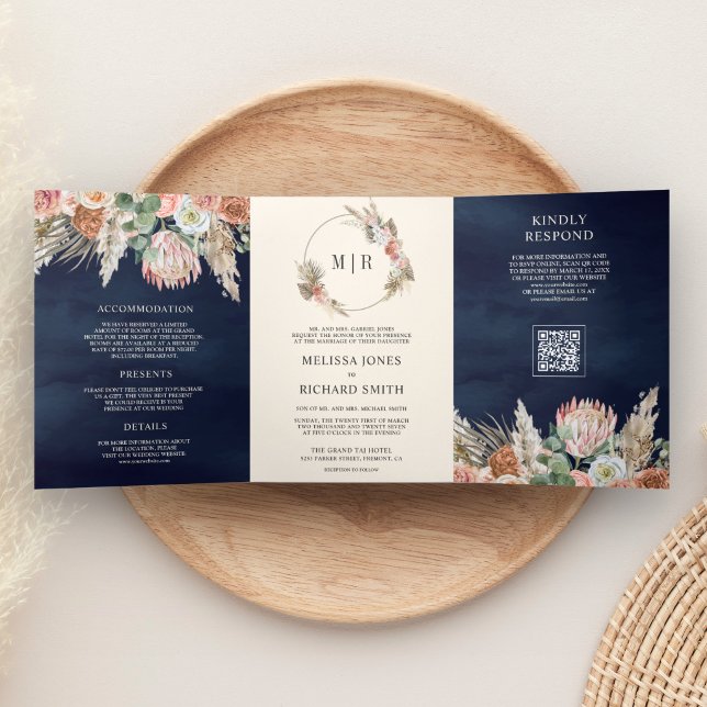 Invitation Trois Volets Mariage Code QR Bleu Nuit Floral Terreux Pampas (Créateur téléchargé)
