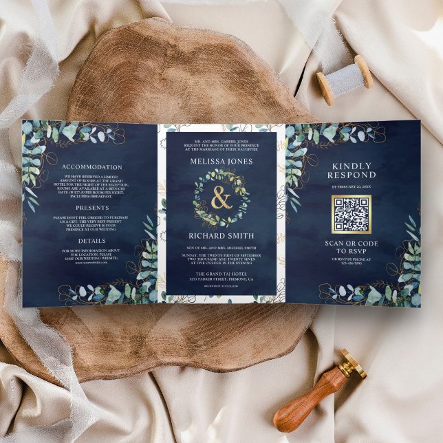 Invitation Trois Volets Mariage Code QR Bleu Nuit Or Eucalyptus Rustique (Créateur téléchargé)