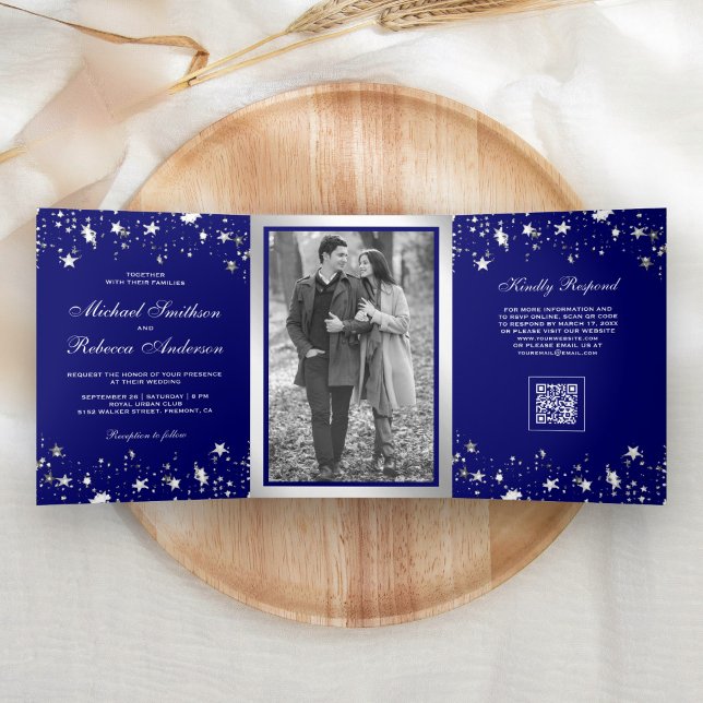 Invitation Trois Volets Mariage Code QR Bleu Royal Confettis Étoiles Argen (Créateur téléchargé)
