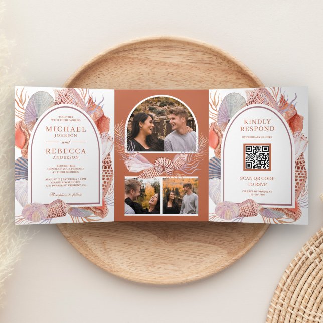 Invitation Trois Volets Mariage Code QR Bohème Rustique Nautilus (Créateur téléchargé)