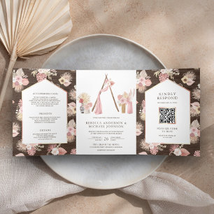Invitation Trois Volets Mariage Code QR Bois Floral Rose Poussiéreux Boho