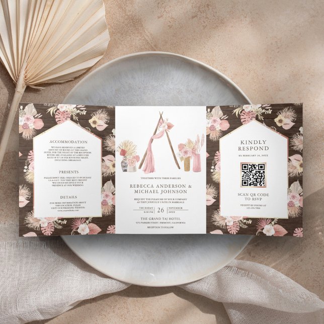 Invitation Trois Volets Mariage Code QR Bois Floral Rose Poussiéreux Boho (Créateur téléchargé)