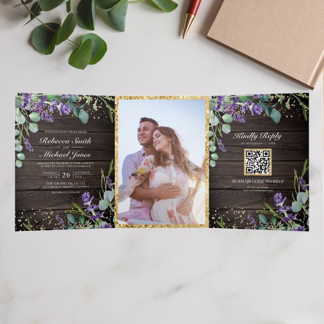 Invitation Trois Volets Mariage Code QR Bois Rustique Lavande Eucalyptus (Créateur téléchargé)