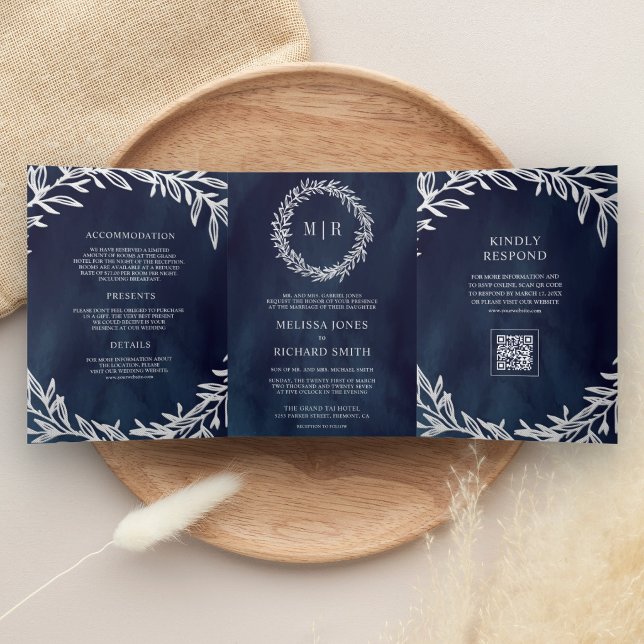 Invitation Trois Volets Mariage Code QR Branche Feuille Argent Bleu Marine (Créateur téléchargé)