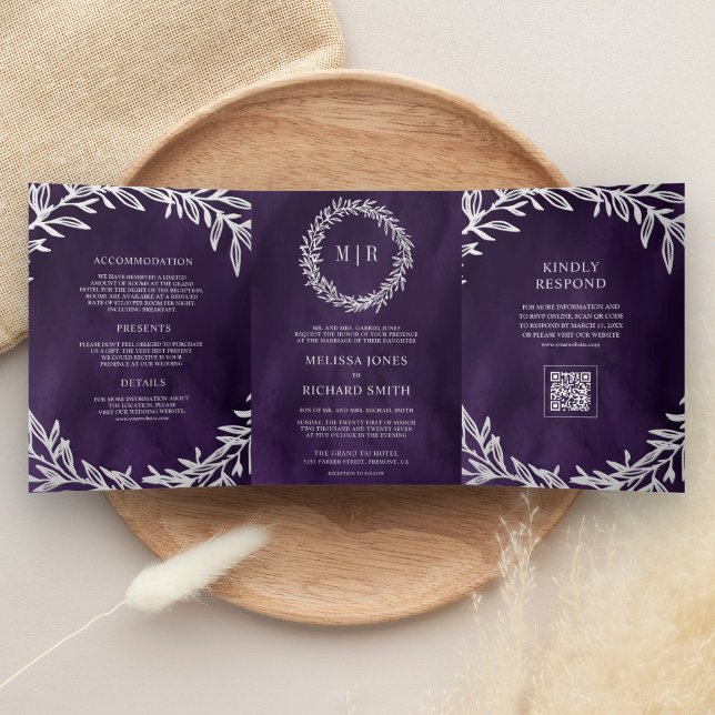 Invitation Trois Volets Mariage Code QR Branche Feuille Argent Violet Fonc (Créateur téléchargé)