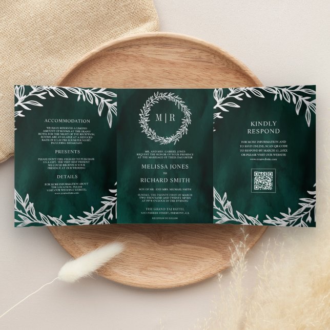Invitation Trois Volets Mariage Code QR Branche Feuille d'Argent Vert Emer (Créateur téléchargé)