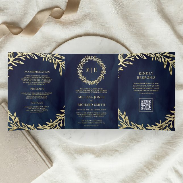 Invitation Trois Volets Mariage Code QR Branche Feuille d'Or Bleu Marine (Créateur téléchargé)