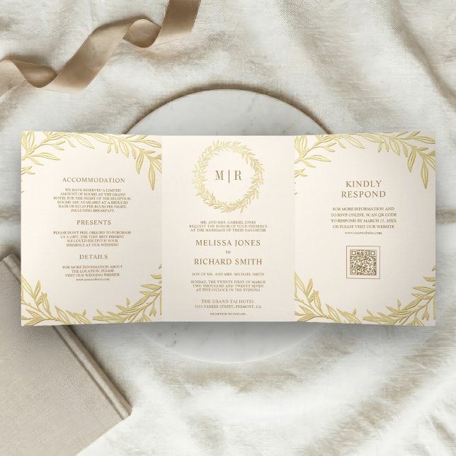 Invitation Trois Volets Mariage Code QR Branche Feuille d'Or Crème (Créateur téléchargé)