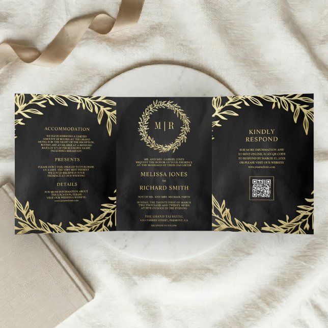 Invitation Trois Volets Mariage Code QR Branche Feuille d'Or Gris Charbon (Créateur téléchargé)