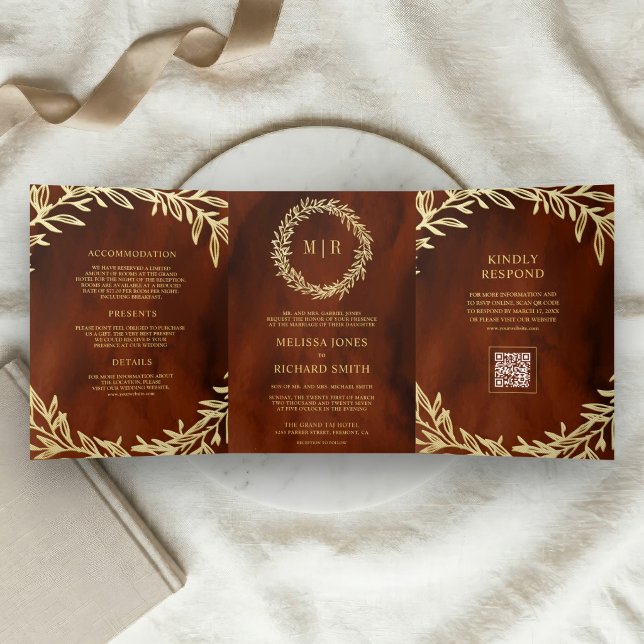 Invitation Trois Volets Mariage Code QR Branche Feuille d'Or Orange Brûlé (Créateur téléchargé)