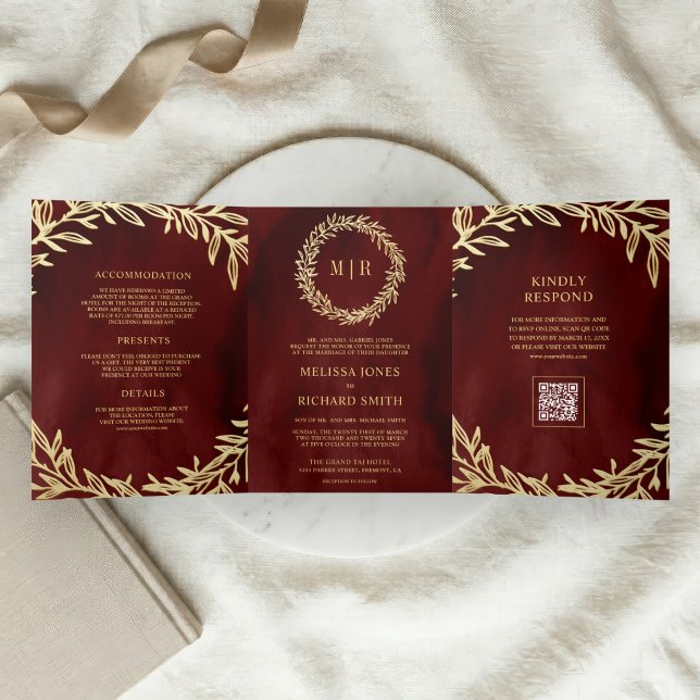 Invitation Trois Volets Mariage Code QR Branche Feuille d'Or Rouge Grenat (Créateur téléchargé)