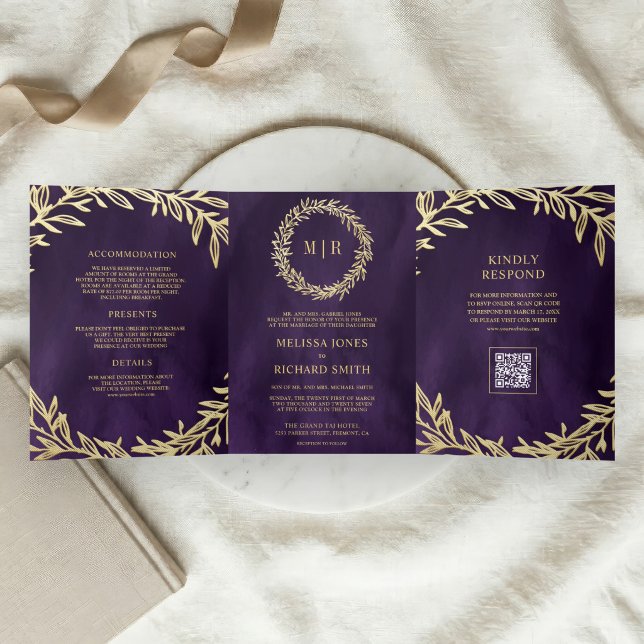 Invitation Trois Volets Mariage Code QR Branche Feuille d'Or Violet Foncé (Créateur téléchargé)